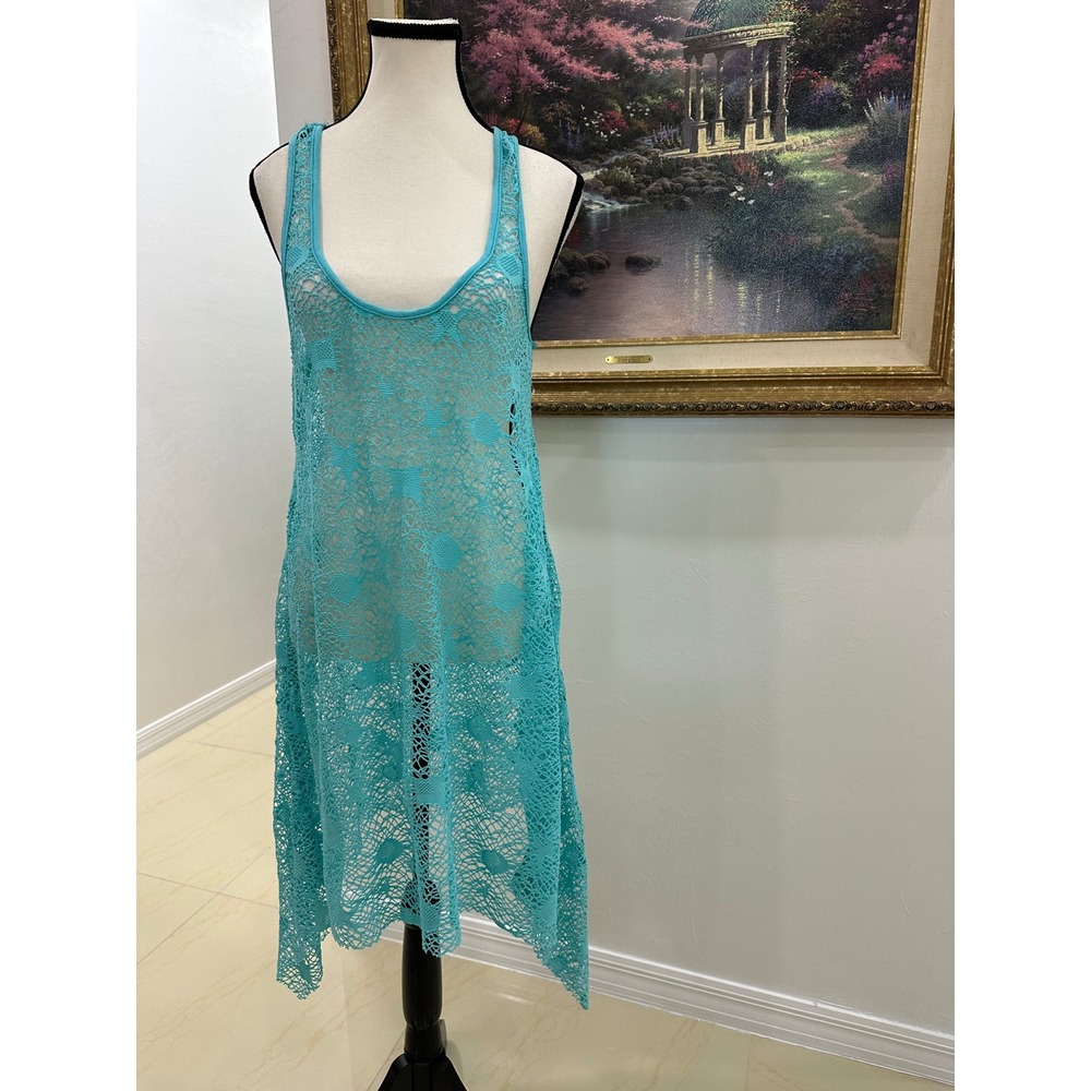 Unbranded Ocean Blue Crochet Lace Swim Cover Up Handkerchief Hem Dress S/M